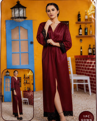 Premium Silk Lace Night Gown for Women – Maroon